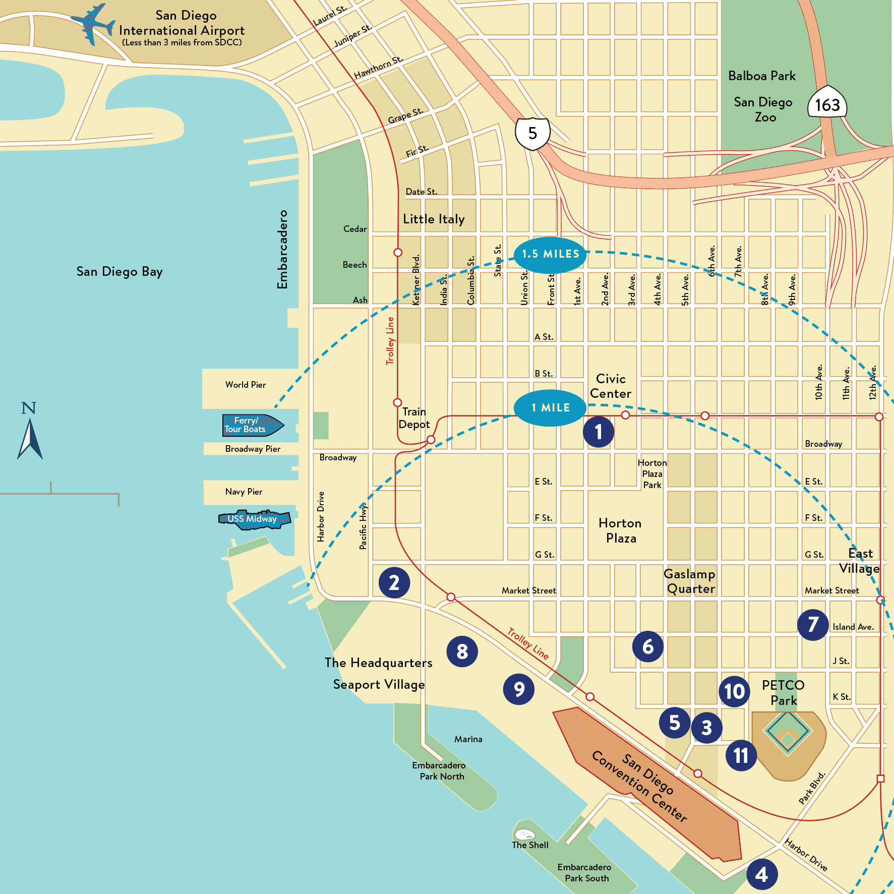 Map of San Diego Convention Center and a 1-mile radius of the surrounding street area