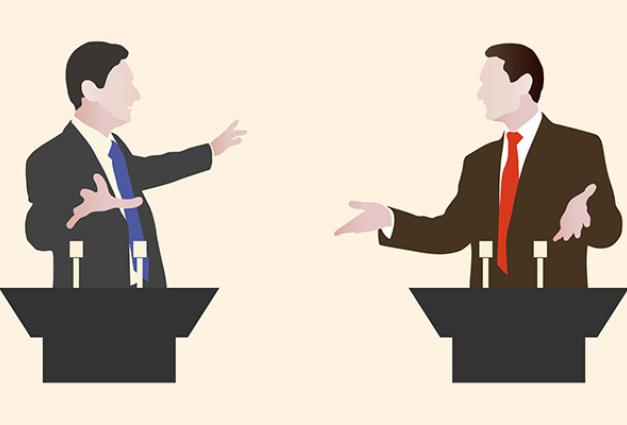 Illustration of two businessmen debating from podiums