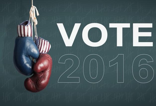 Two boxing gloves hanging with the text VOTE 2016