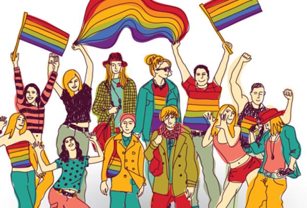 Illustration of group of people celebrating and waving Gay Pride flags
