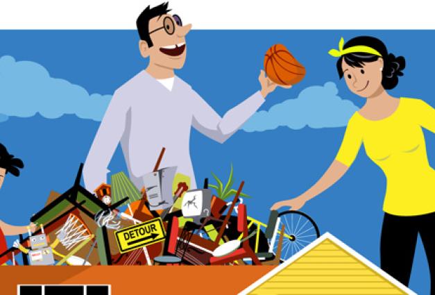 illustration of a family decluttering their house