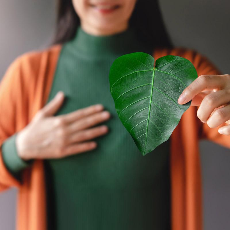 Close up of Smiling Woman Holding a Heart Shape Green Leaf