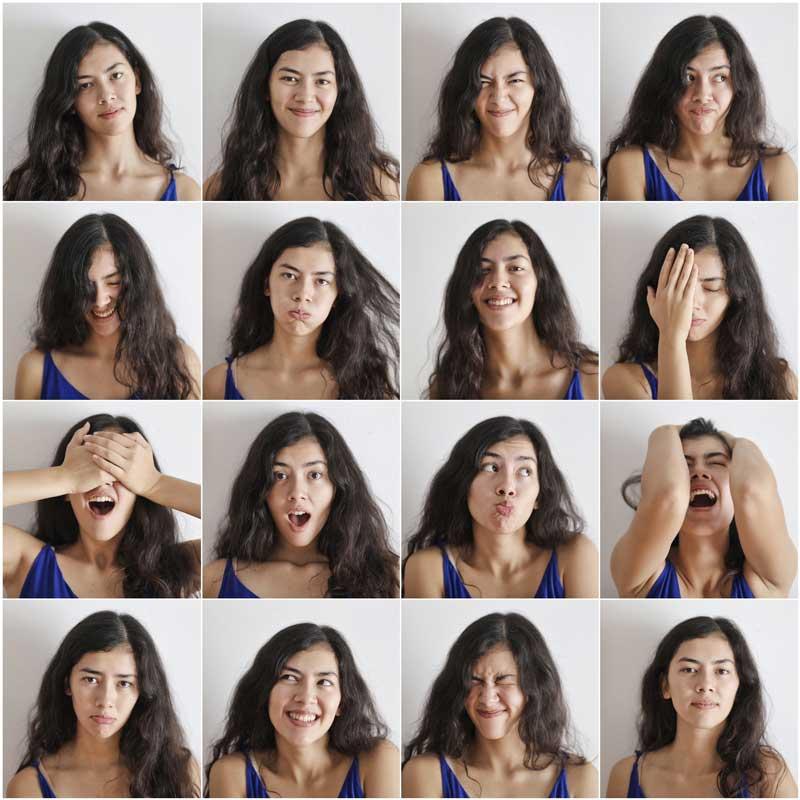 !6 photos of a woman expressing different emotions
