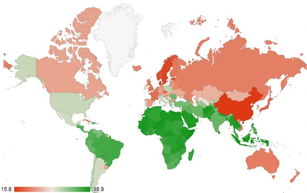 World map showing the percentage of people who report that religion is an important part of their lives