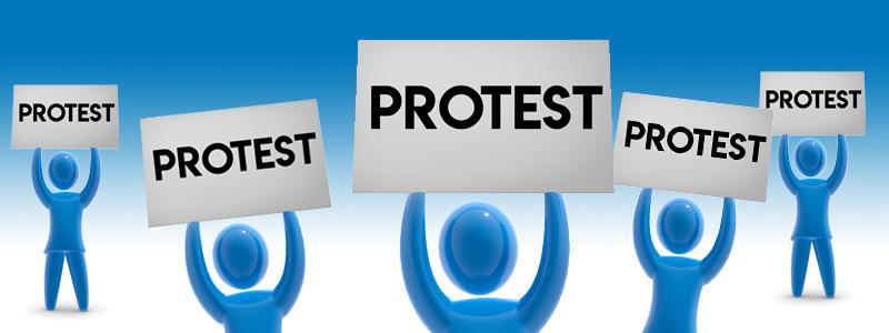Illustration of blue person figures holding signs up that say "Protest"