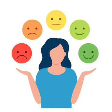Woman juggling a group of emojis with a range of sad to happy faces