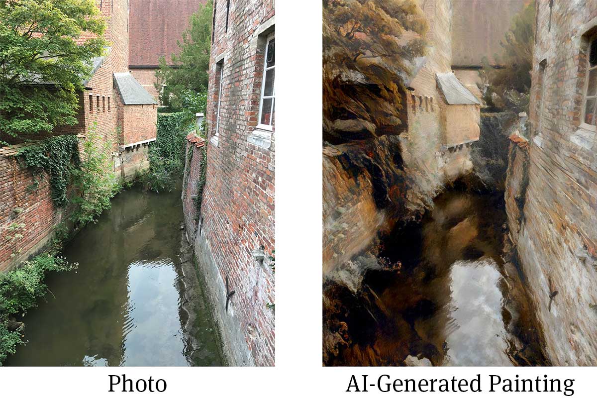 A photo taken in Leuven, Belgium, and an AI-generated artwork version of the image
