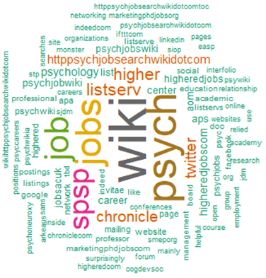 word cloud showing Psych Jobs Wiki, SPSP Listserv, Twitter, and Chronicle of Higher Ed as some of the more popular resources