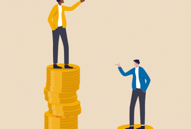 illustration of two men standing on stacks of coins. One stack of coins is higher than the other. 