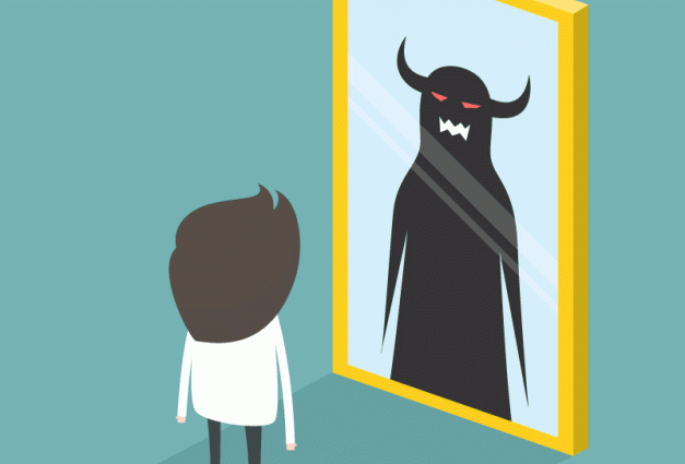 Person looking in mirror with demon as their reflection