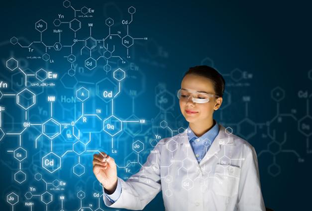 Image of young woman scientist drawing chemical diagram