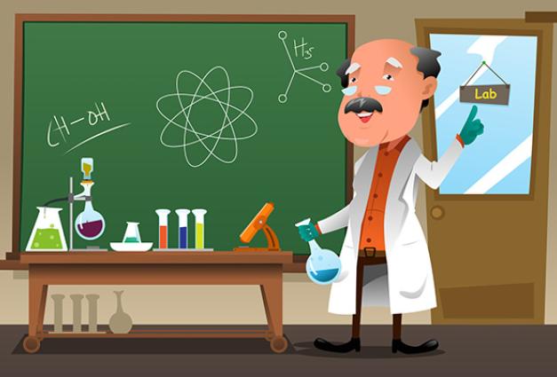 Illustration of an older professor talkiing about chemistry