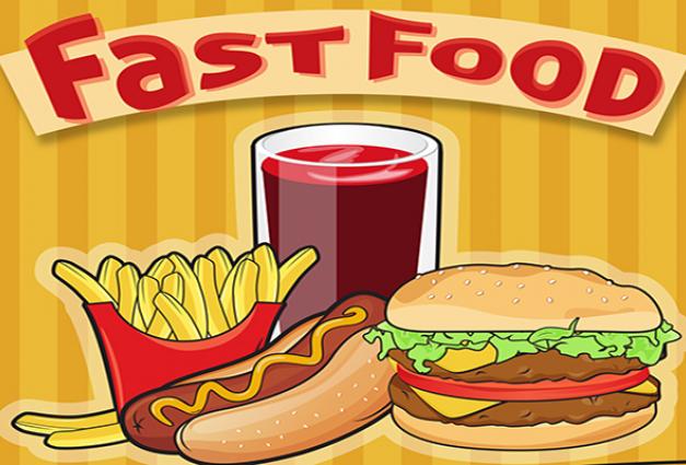 Cartoon image of fast food - french fries, hot dog, cheeseburger and soda