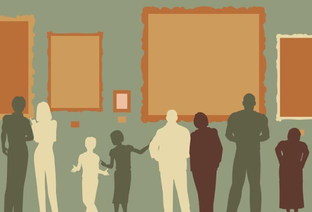 Illustration of people standing in front of art hanging on the wall