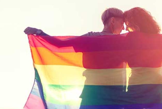 lesbian couple with rainbow flag. Romantic relationship. Gender equality, family lifestyle.
