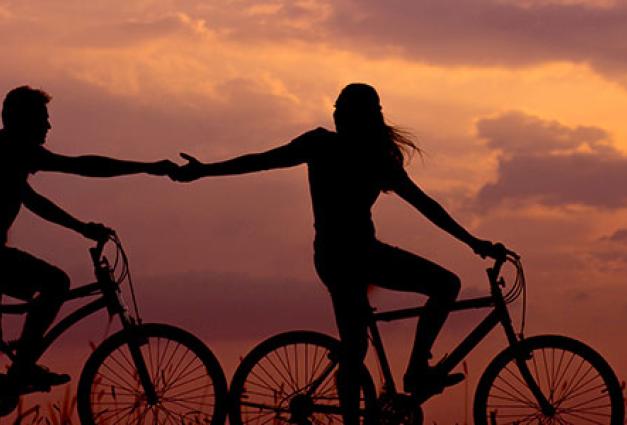 Couple riding bicycles touching hands