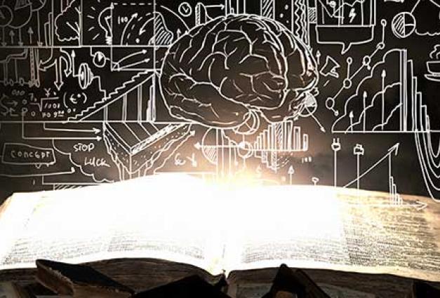 A white outline sketch of a brain and verios lines and items around a black background, hover over a pile of glowing books