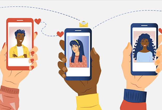 Illustration of different men and women holding smartphones with images of boyfriends and girlfriends
