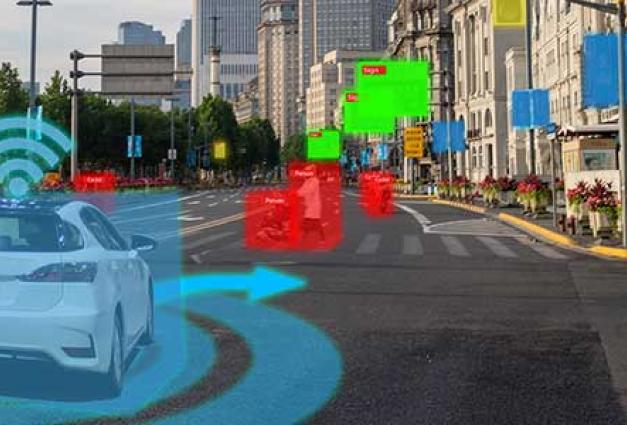 a smart car drives on a virtual road. Several hazards exist in different color boxes inclding a pedestrain in a crossswalk, people on the side of the road and way finding signs that might have useful information