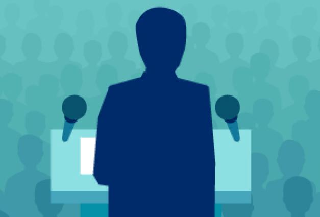 Illustration of a person speaking at a podium in front of a crowd of people