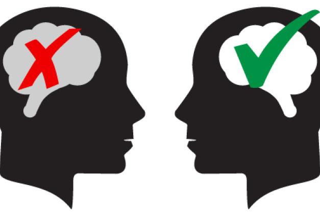 Illustration of two black silhouetted faces looking at each other with the brain highlighted (left brain has a red X through it right brain has a green check mark)