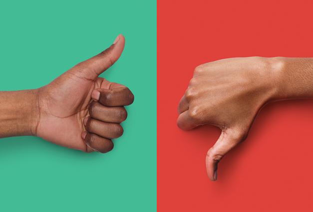 Image of thumbs up and thumbs down over red and green backgrounds