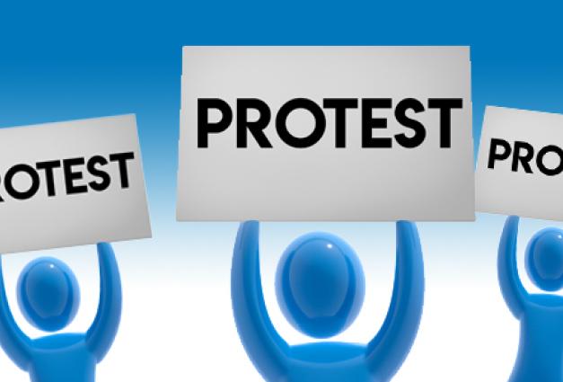 Illustration of blue person figures holding signs up that say "Protest"