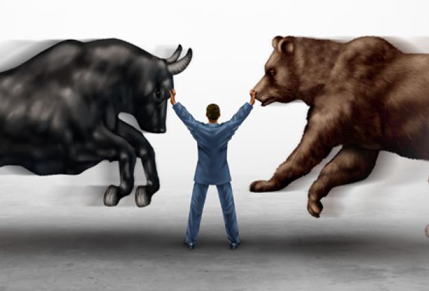 Illustration of man battling a bull and a bear