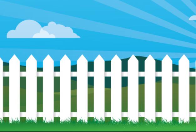 Illustration of white picket fence in front of a green field and blue sky with clouds