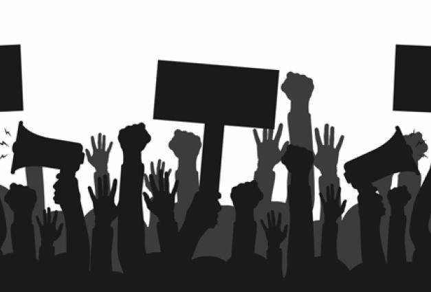 Illustration of arms extended skyward in protest, holding signs and megaphones