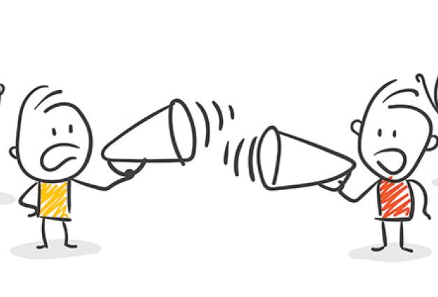 Two groups of stick figures shouting at each other
