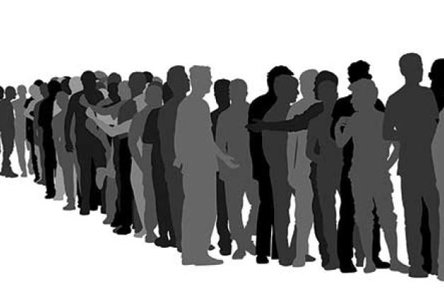 Silloueetes of men standing in a long line, various ages and shapes, against a blank background