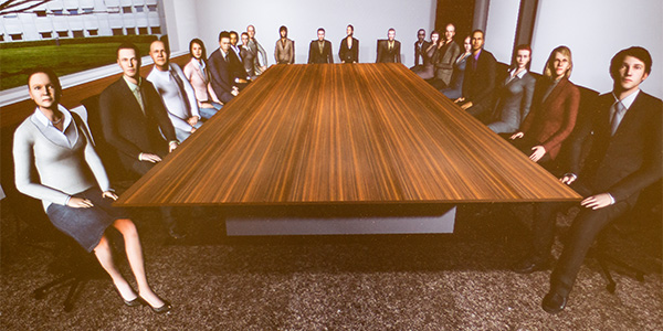 Image of virtual reality conference room table surrounded by computer-generated men and women